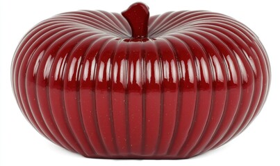 Wall Mural - Glossy red decorative apple-shaped object with ribbed texture on a neutral background