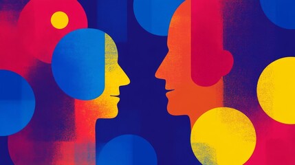 Poster - Abstract Colorful Communication: Two Profile Heads in Vivid Hues