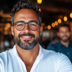 Wall Mural - Smiling middle-aged Hispanic man in glasses, wearing a white shirt in a dimly lit setting.