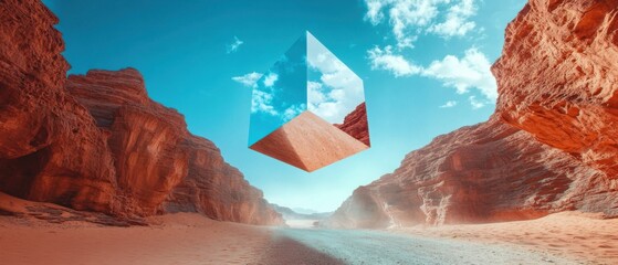 Aufkleber - Surreal Desert Landscape with Floating Reflective Cube: A Futuristic and Dreamlike Canyon Scene with Red Rock Formations and a Mirrored Sky Concept of otherworldly travel, mystery, and illusion
