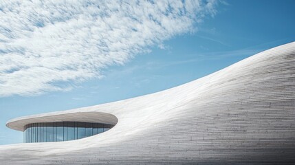 Poster - A sleek, curved concrete wall reaches toward the sky, showcasing a blend of modern architecture and natural elements. Soft clouds drift above, enhancing the tranquility of the space