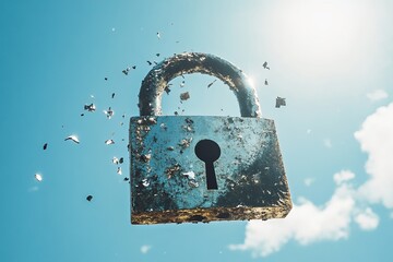 Poster - Old Rusty Padlock Shattering Security Digital Concept Image Broken Metal Lock Sky Background Abstract Destruction Vulnerable System Data Breach       