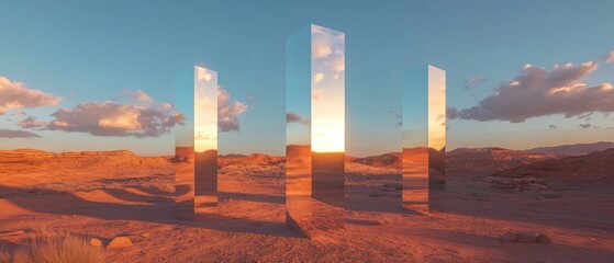 Leinwandbilder - Four reflective monoliths in the desert at sunset Surreal landscape with mirrored pillars reflecting the sky and clouds Concept of mystery, illusion, and otherworldly beauty