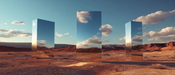 Poster - Three reflective monoliths in a desert landscape at sunset, reflecting the sky and clouds Concept of mystery, surrealism, and the unknown