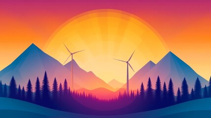 Poster - Serene sunset over majestic mountains with wind turbines. A vibrant landscape painting.