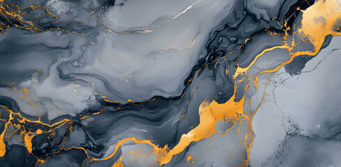 Poster - abstract fluid art with gray hues and gold accents creating a luxurious, dynamic interplay of colors