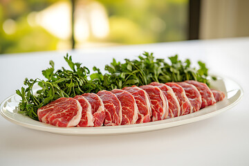 Wall Mural - Raw sliced beef tenderloin arranged with fresh parsley on a white platter ready to be cooked.