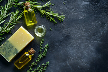 Wall Mural - Artisanal soap and essential oils arranged with fresh rosemary and thyme on a dark slate background evoking natural beauty and wellness