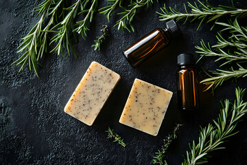 Wall Mural - Artisanal soap bars and essential oil bottles amidst aromatic rosemary and thyme sprigs, on a dark textured surface for spa aesthetic ambiance