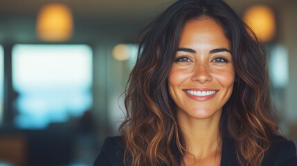 Wall Mural - Portrait of a smiling Hispanic woman with long brown hair and freckles. Warm lighting and a blurred background create a welcoming atmosphere.