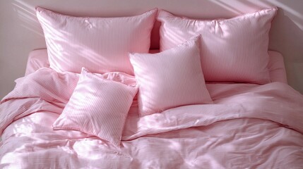 Poster - Soft sunlight filters through the window, casting delicate shadows over the inviting bedding. Pink and white stripes on the duvet create a calming atmosphere perfect for cozy moments