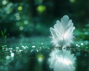 Poster - White feather floats on tranquil water, reflecting in dark, bokeh forest