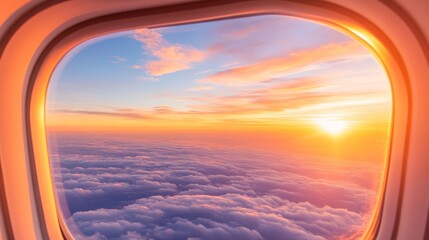 Wall Mural - A breathtaking sunset view from an airplane window. Warm, golden hues paint the sky and clouds below.