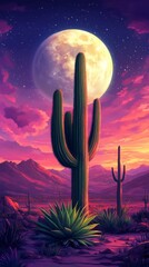 Poster - In a vast desert landscape, towering cacti reach for the sky, illuminated by a brilliant full moon. The horizon is alive with swirling colors of twilight, creating a serene and magical atmosphere