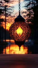 Wall Mural - Intricate metal lantern glows with the warm hues of sunset reflected in its design, creating a tranquil scene.