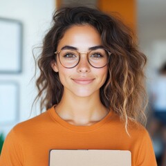 Wall Mural - Smiling young woman with wavy brown hair wearing glasses and an orange shirt, holding a folder.