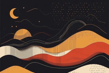 Poster - Abstract Night Landscape: Celestial Waves and Serene Hills