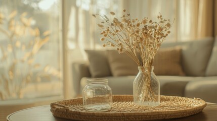 Poster - A tranquil interior scene featuring dried flowers in a glass vase on a wicker tray, creating a cozy and stylish atmosphere with warm tones