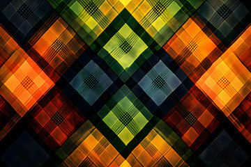 Poster - Kaleidoscopic Plaid, An Abstract Geometric Pattern of Intersecting Squares in Rich, Harmonious Tones Creating a Vibrant Textile Design