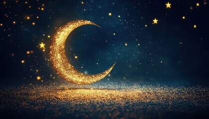 Wall Mural - Golden Crescent Moon and Stars in a Dark Blue Night Sky