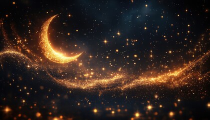 Sticker - Golden Crescent Moon and Stars in a Dark Night Sky