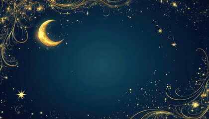 Aufkleber - Golden Crescent Moon and Stars on Dark Blue Night Sky Background
