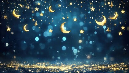 Wall Mural - Golden Moons and Stars Falling on Glittering Blue Night