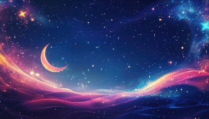 Poster - Crescent Moon and Starry Night Sky Cosmic Landscape