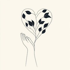 Heart Shape Hand Leaf Line Art Monochrome Illustration