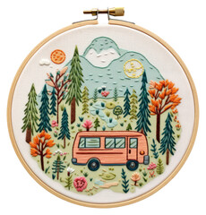 Wall Mural - PNG A camping in embroidery style needlework vehicle textile.