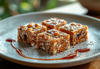 Poster - Delicious assorted energy bars on a textured plate with a drizzle of syrup and a natural blurred background filled with greenery and soft lighting