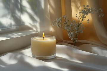 Minimalist White Candle in Glass Holder Soft Natural Light Still Life