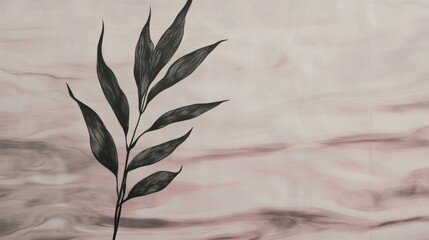Poster - Serene Minimalist Botanical Artwork: A Black Branch Against a Soft Pink and Gray Marble Background
