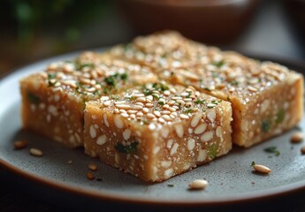 Poster - Delicious sesame dessert squares garnished with seeds and herbs on a rustic plate, perfect for festive occasions and healthy snacking options