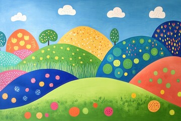 colorful illustration of whimsical hills, trees, and flowers. perfect for children's books, websites