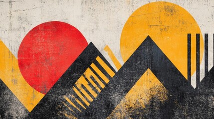 Poster - Abstract Mountain Landscape:  Geometric Sunsets and Red Circles