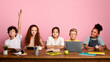 © Prostock-studio - Smart Caucasian boy and his friends ready to answer lesson at table against pink background, copy space. Panorama