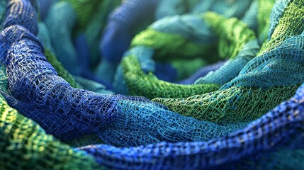 Textured closeup shot of coiled blue and green nets with complex interlocking ropes, creating a bold visual effect