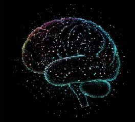 Fototapete - Vector illustration features a multicolored brain composed of dots on a dark background, symbolizing the intersection of technology and creativity with a futuristic and intricate design.