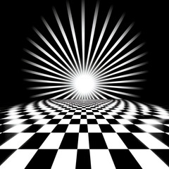 Poster - Abstract Black and White Rays Emanating from Checkered Floor in Perspective Illusion of Depth.