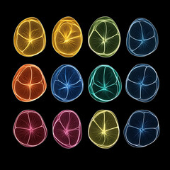 Poster - Abstract Lemon Slices Arranged in a Grid Pattern with Vibrant Neon Colors on a Black Background.