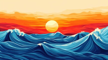 Wall Mural - vibrant sunset over stylized ocean waves. perfect for travel, nature, or serenity themes.