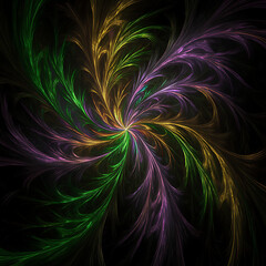 Poster - Abstract Spiraling Fractal Design of Green Yellow and Purple Emanating from Central Vortex on Black.