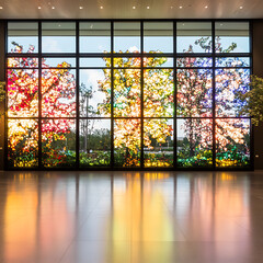 Poster - Abstract Stained Glass Trees in Modern Building with Reflections and Illuminated Interior Design.