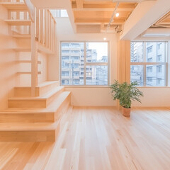 Poster - Airy Interior with Wooden Stairs and Cityscape View from Windows in Contemporary Minimalist Design.