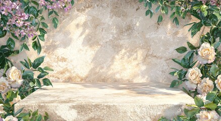 Poster - Beige Podium Surrounded by Elegant Floral Decor for Product Display