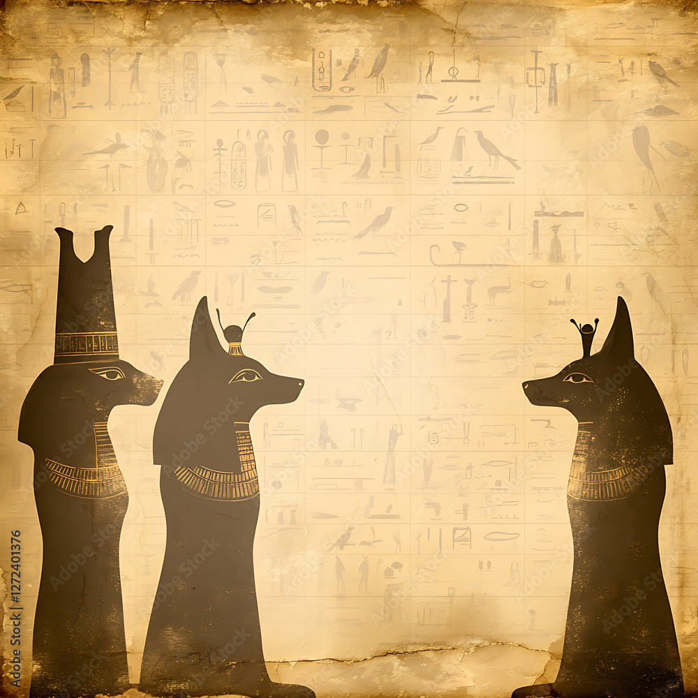 Ancient Egyptian Gods and Hieroglyphs Illustration on Aged Parchment ...