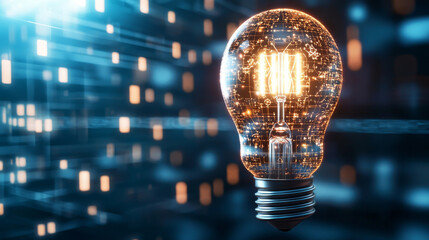 Poster - Glowing Digital Light Bulb Filled with Mechanical Gears Against a Futuristic Background