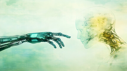 Poster - artificial intelligence futuristic touch humanoid connection humanity and technology concept art.