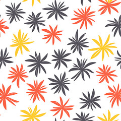 Poster - Asymmetrical Floral Pattern with Stylized Flowers in Shades of Gray Orange and Yellow on White.